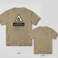 Khaki tee shown back and front: back has a warning triangle with a crossed-out hand over an Electrostatic Sensitive Human label; front has a small warning triangle.