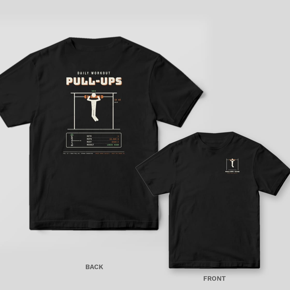 Black tee shown back and front: back has a figure doing a pull-up on a resistor bar under Pull-Ups with a workout card; front has a small version.