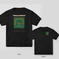 Black tee shown back and front: back has a green circuit board with copper traces around a Cu copper periodic tile under Trace Elements; front has a small tile.