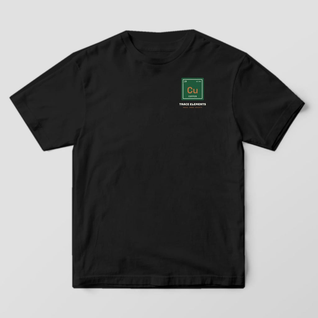 Front of a black Comfort Colors 1717 tee with a small green Cu periodic tile on the left chest.