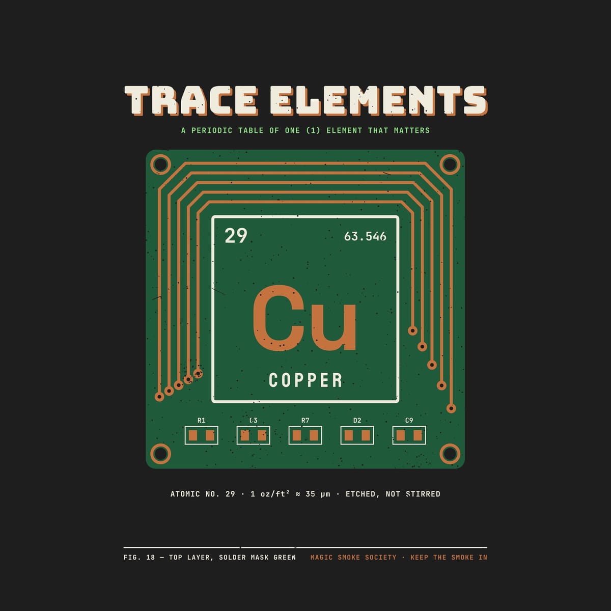 Close-up of the PCB artwork showing the copper traces, vias, plated holes and the 29 Cu 63.546 tile.