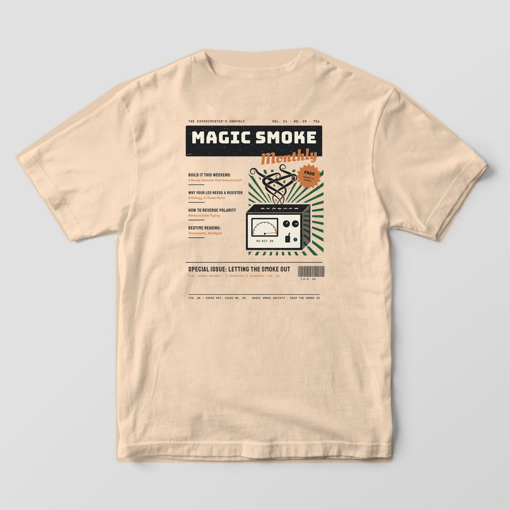 Back of an ivory Comfort Colors 1717 tee with a 70s electronics magazine cover print titled Magic Smoke Monthly.