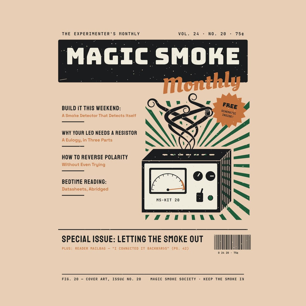 Close-up of the cover artwork showing the analog meter pinned past max, the cover lines and the Free Schematic Inside starburst.