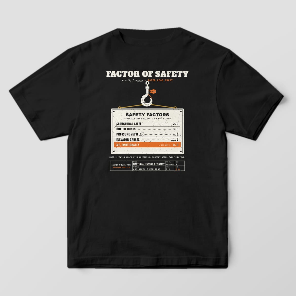 Back of a black Comfort Colors 1717 tee with the large Factor of Safety print: a crane hook lifting a cream safety-factors chart with an orange Me, Emotionally 0.8 row.