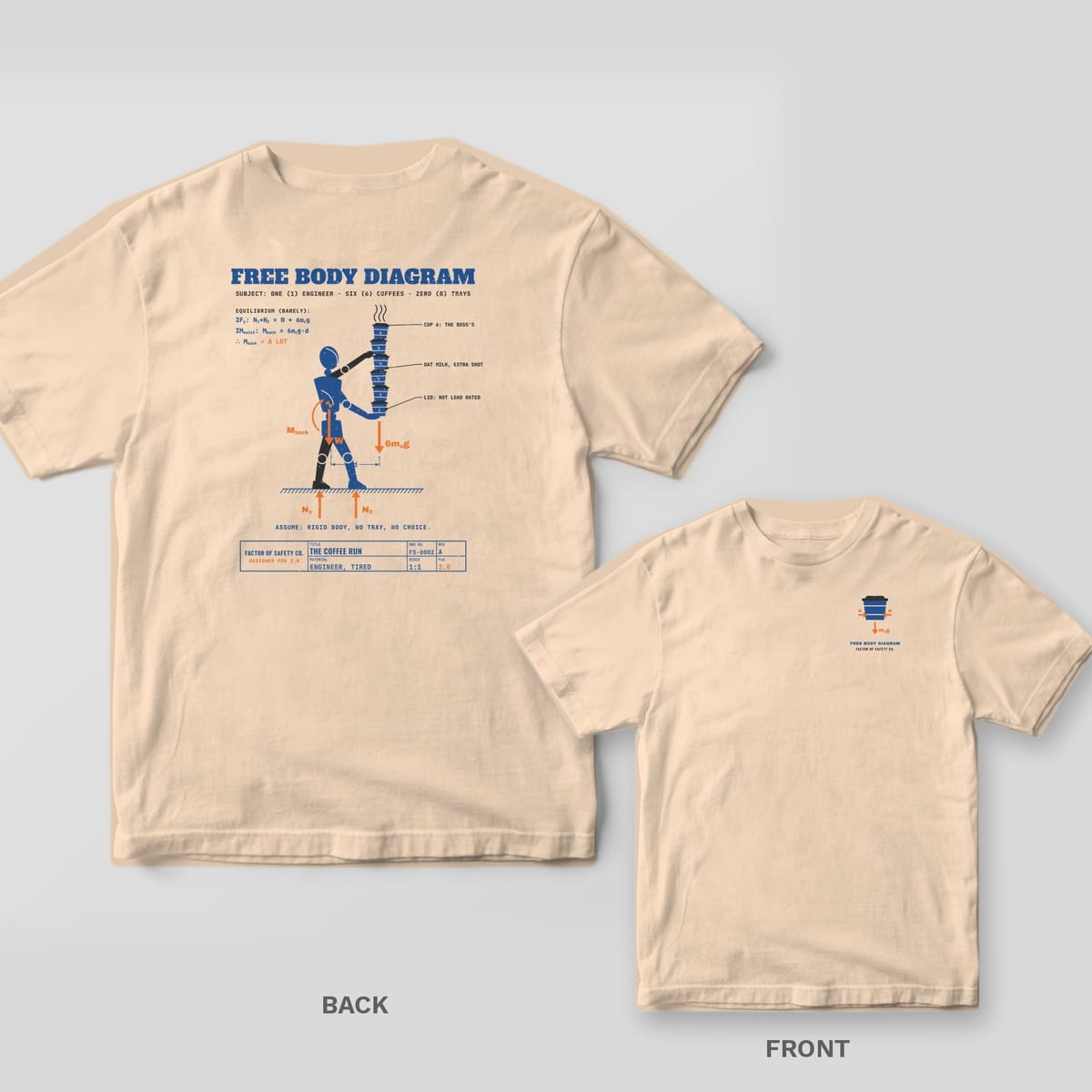 Ivory tee shown back and front: the back has a blue drafting mannequin balancing six stacked coffee cups with orange force arrows; the front has a small coffee cup free body diagram on the left chest.