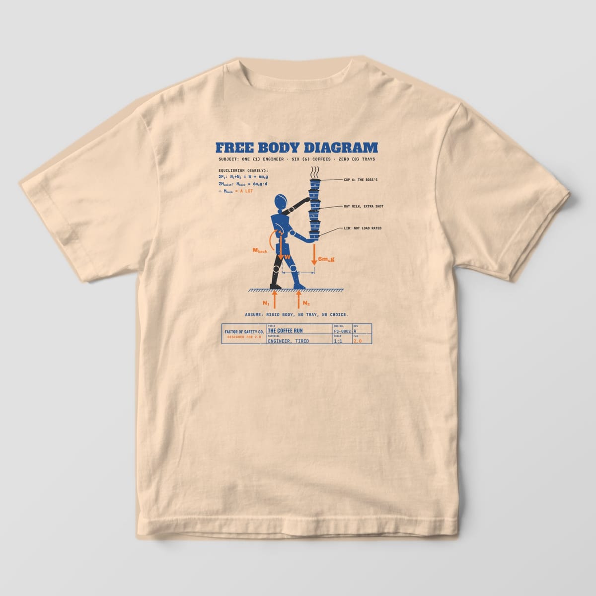 Back of an ivory Comfort Colors 1717 tee with the large Free Body Diagram print: a blue drafting mannequin balancing six stacked coffee cups with orange force arrows.