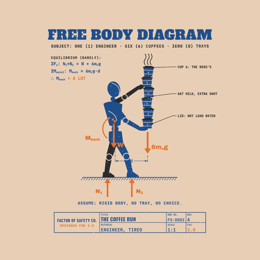 Close-up of the Free Body Diagram artwork showing the stacked cups, the mannequin joints, the orange force vectors and the equilibrium equations.