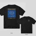Black tee shown back and front: the back has a blue blueprint sheet with a white and orange Carnot cycle T-s diagram; the front has a small Carnot cycle rectangle diagram on the left chest.