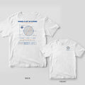White tee shown back and front: the back has a blue hatched Mohr's circle with an orange diameter and a stress element; the front has a small hatched Mohr's circle on the left chest.