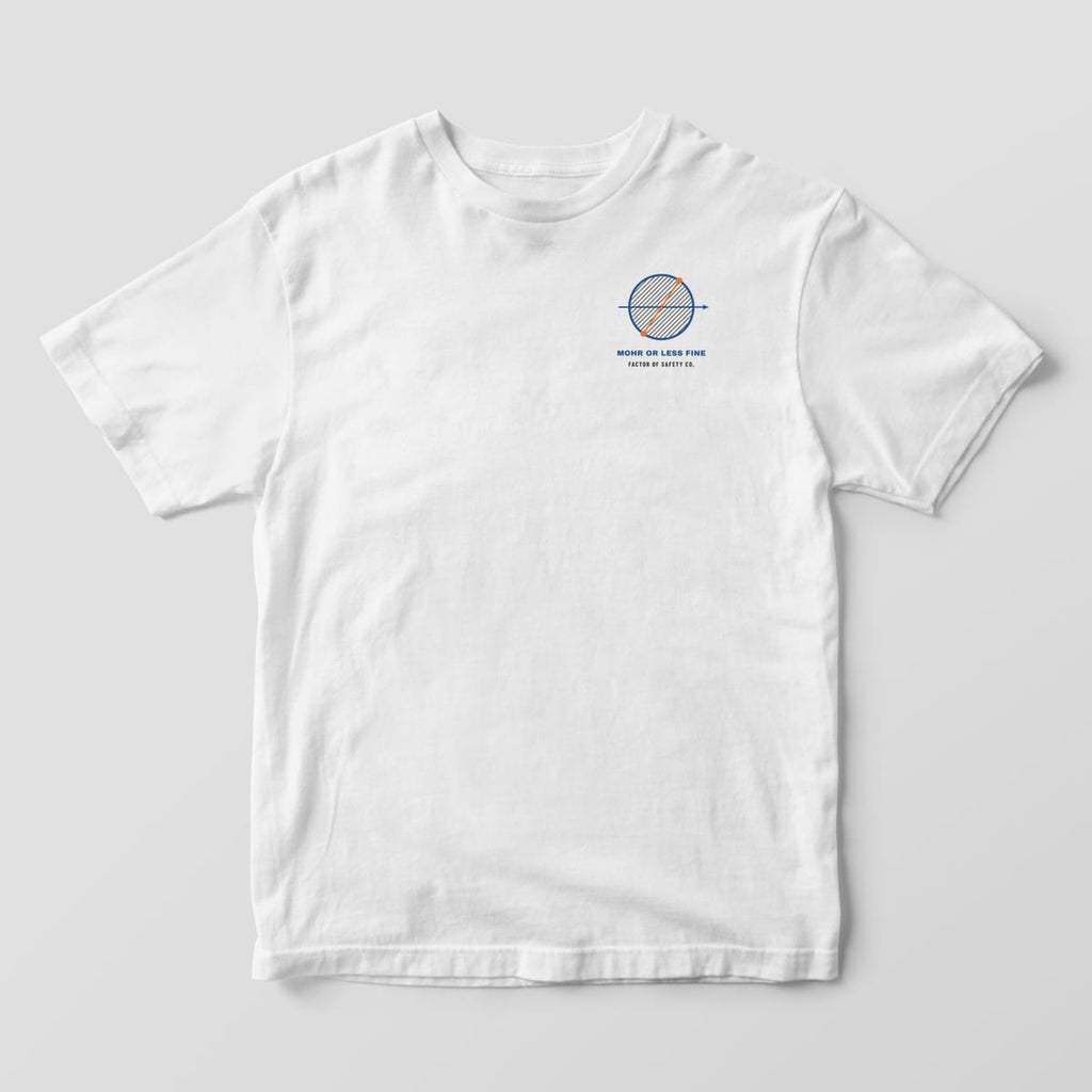 Front of a white Comfort Colors 1717 tee with a small hatched Mohr's circle on the left chest.