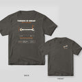 Pepper tee shown back and front: the back has a cream combination wrench on a brass bolt with orange force and torque arrows; the front has a small wrench on a brass bolt on the left chest.