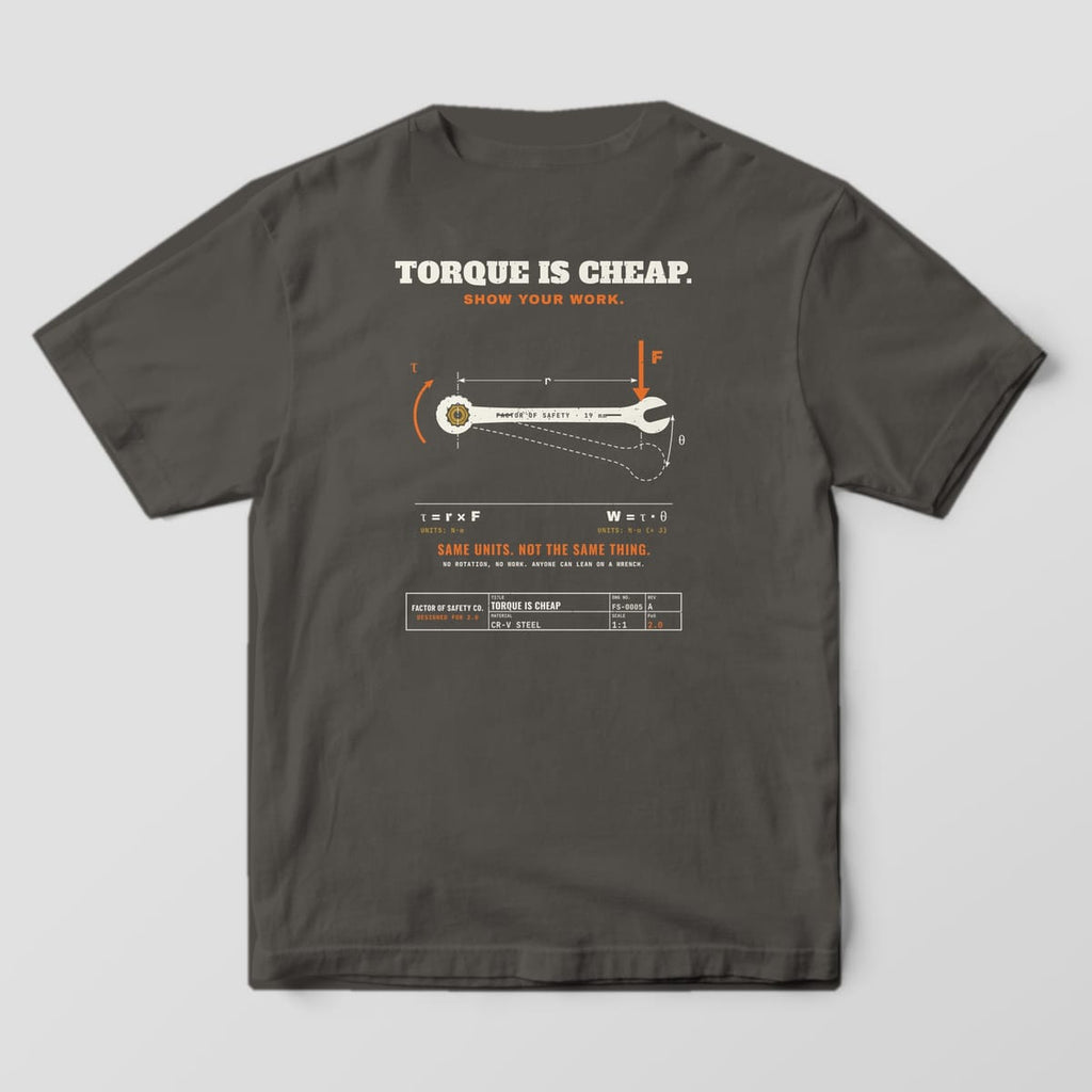 Back of a pepper Comfort Colors 1717 tee with the large Torque Is Cheap Show Your Work print: a cream combination wrench on a brass bolt with orange force and torque arrows.