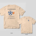 Ivory tee shown back and front: the back has a big blue weekday gear meshing with a small orange weekend gear; the front has a small blue gear meshing with an orange pinion on the left chest.