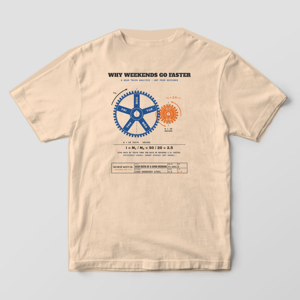Back of an ivory Comfort Colors 1717 tee with the large Why Weekends Go Faster Gear Ratio print: a big blue weekday gear meshing with a small orange weekend gear.