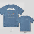 Blue Jean tee shown back and front: the back has a white propped cantilever beam with orange reaction arrows under the words Statically Indeterminate; the front has a small propped cantilever beam on the left chest.