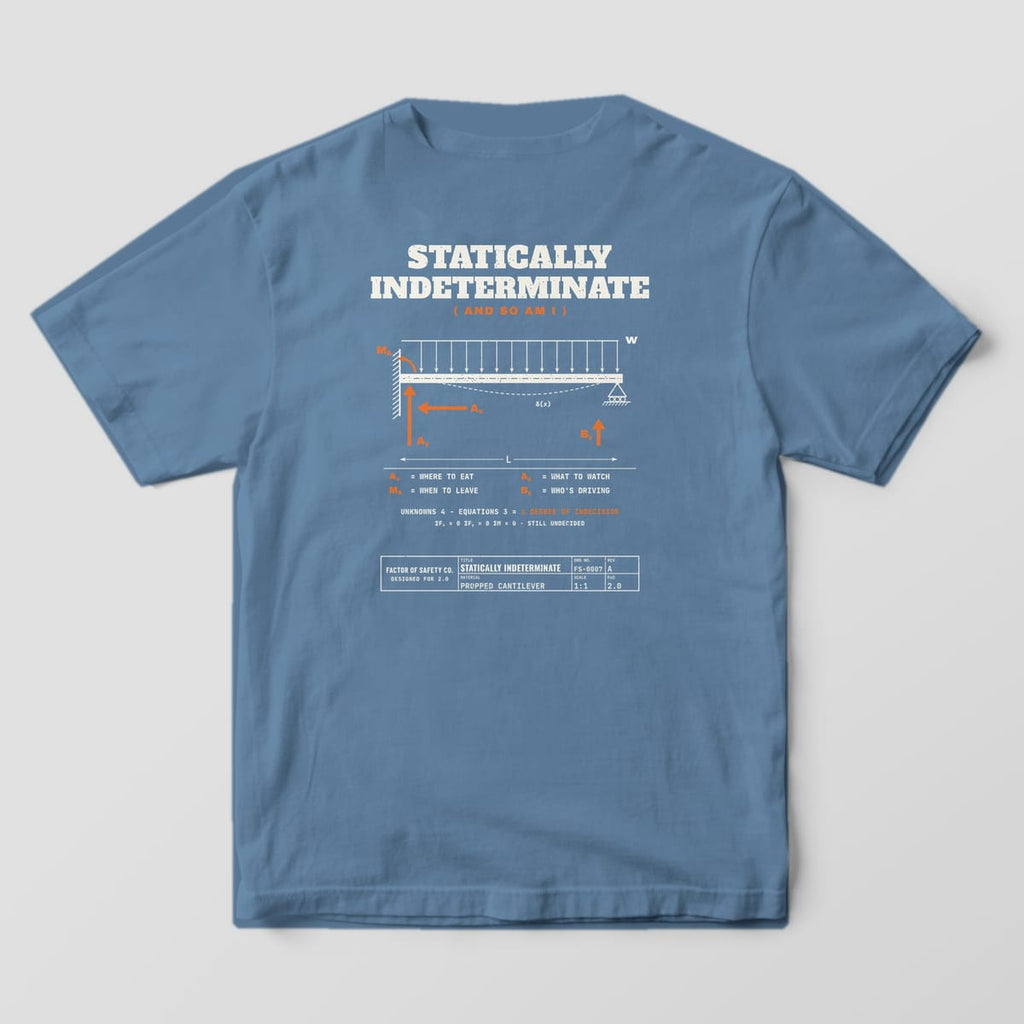 Back of a blue jean Comfort Colors 1717 tee with the large Statically Indeterminate And So Am I print: a white propped cantilever beam with orange reaction arrows under the words Statically Indeterminate.