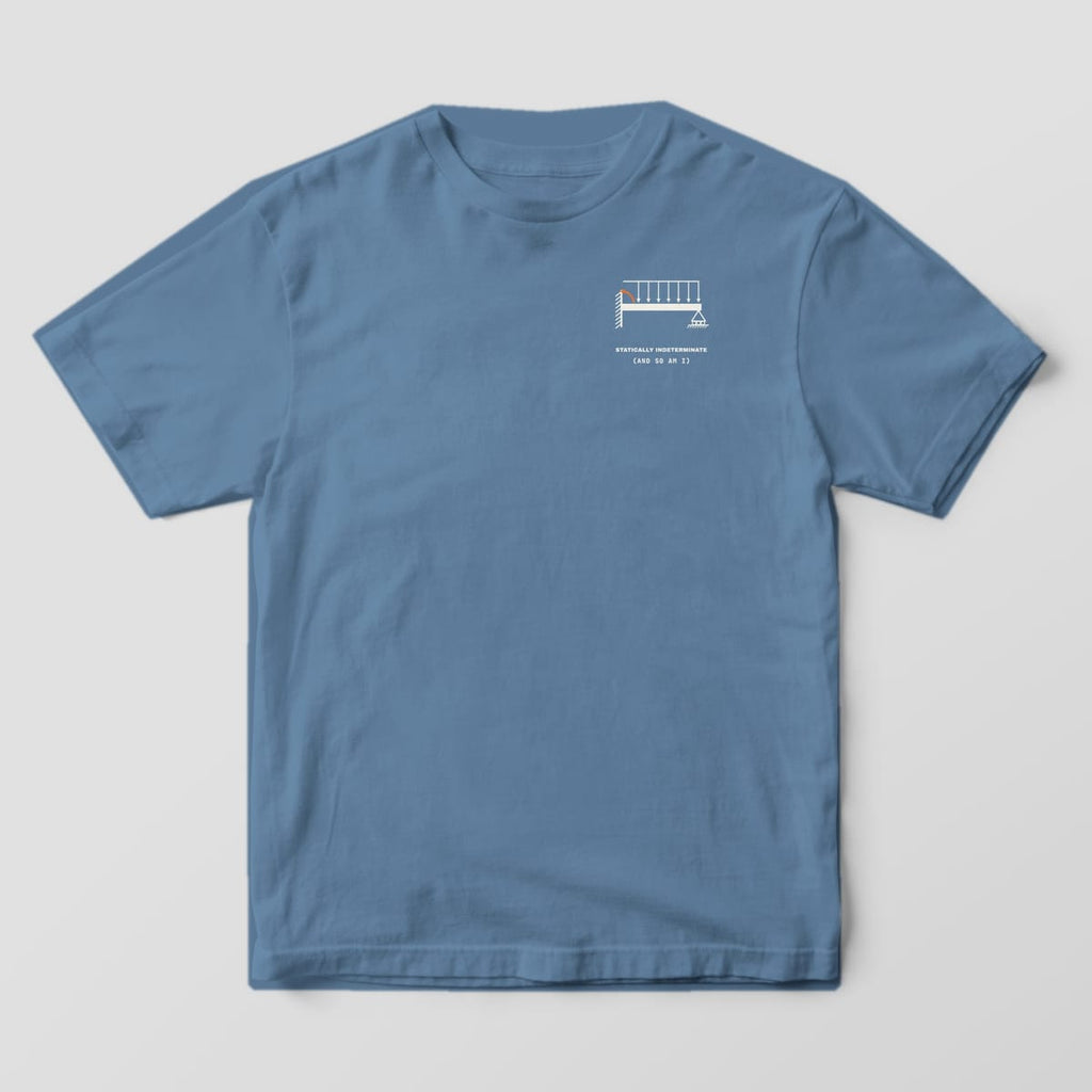 Front of a blue jean Comfort Colors 1717 tee with a small propped cantilever beam on the left chest.
