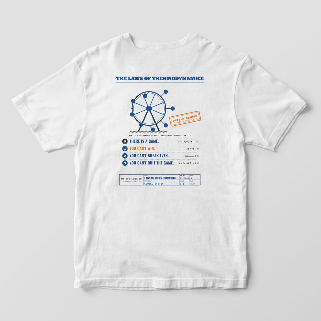 Back of a white Comfort Colors 1717 tee with the large Laws of Thermodynamics print: a blue perpetual motion wheel with an orange Patent Denied stamp above the four laws of thermodynamics.