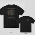 Black tee shown back and front: the back has a cream Moody diagram with orange labels and a You Are Here dot; the front has a small Moody diagram on the left chest.