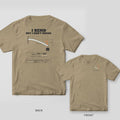 Khaki tee shown back and front: the back has a cream cantilever beam bending under a weight labeled Life; the front has a small cream cantilever beam with an orange load arrow on the left chest.