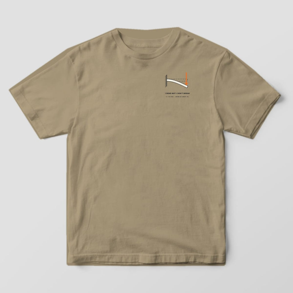 Front of a khaki Comfort Colors 1717 tee with a small cream cantilever beam with an orange load arrow on the left chest.
