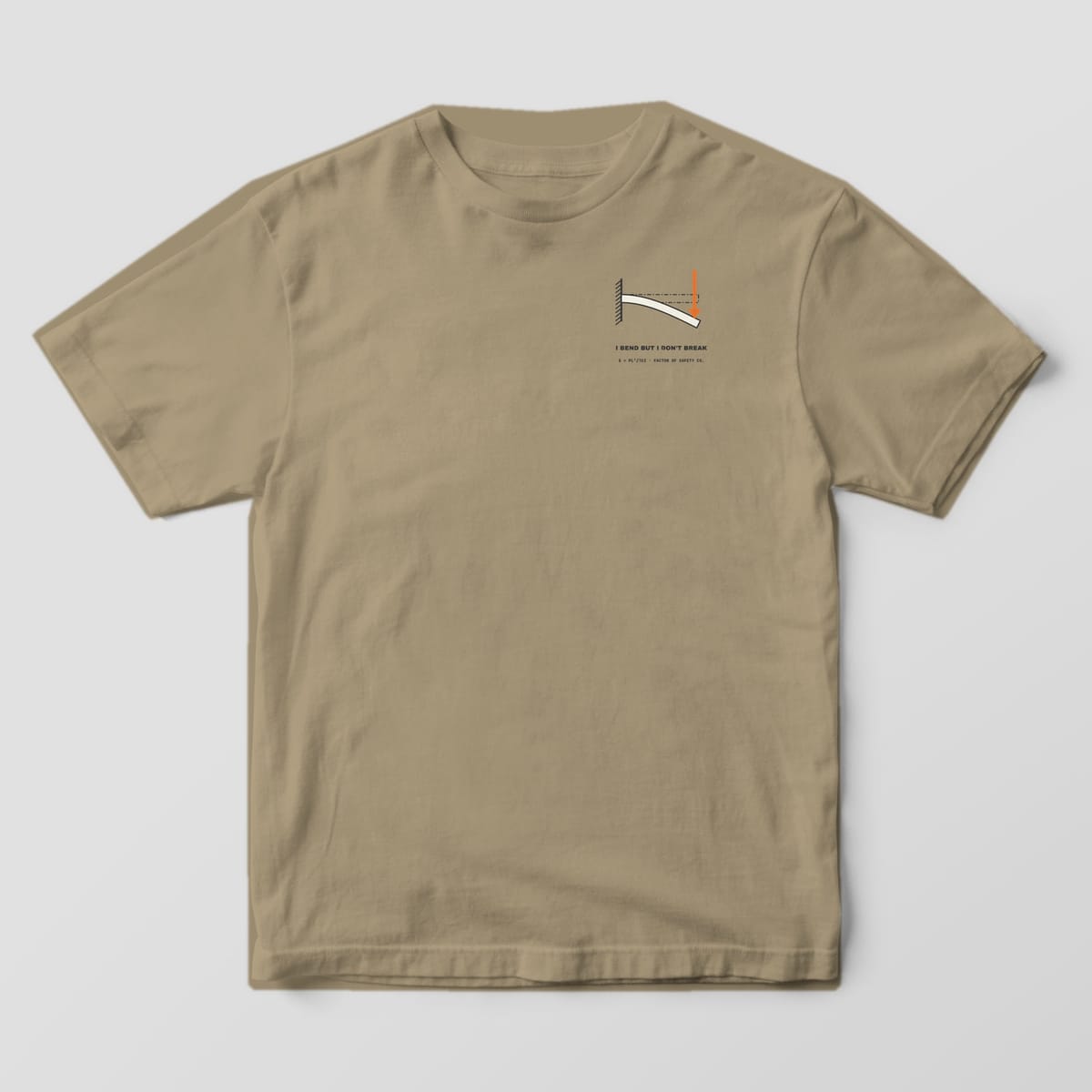 Front of a khaki Comfort Colors 1717 tee with a small cream cantilever beam with an orange load arrow on the left chest.