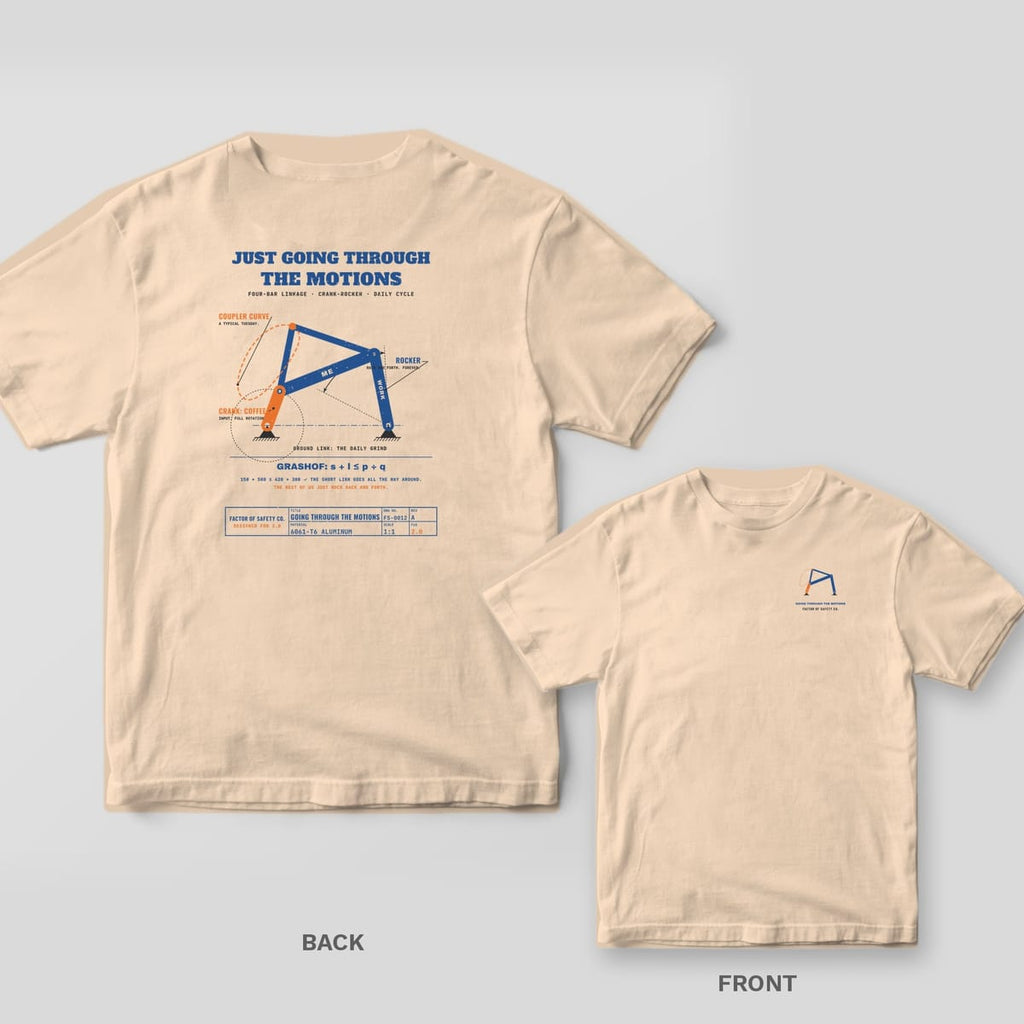 Ivory tee shown back and front: the back has a blue and orange four-bar linkage with a dashed orange coupler curve; the front has a small four-bar linkage on the left chest.