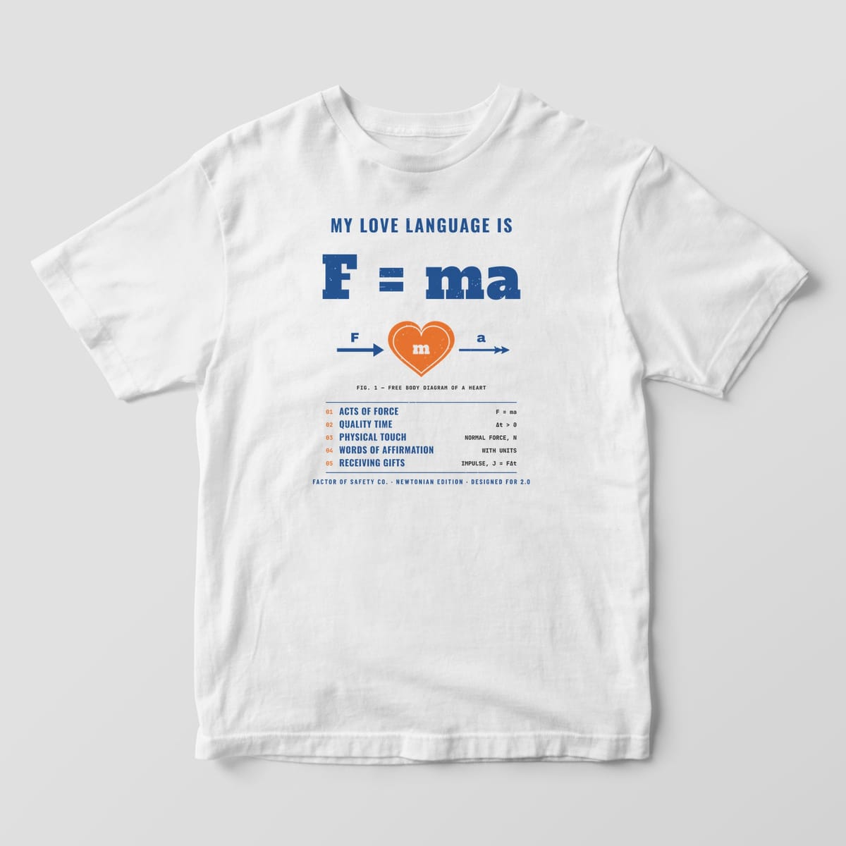 Front of a white Comfort Colors 1717 tee with the full-front F = ma Is My Love Language print.