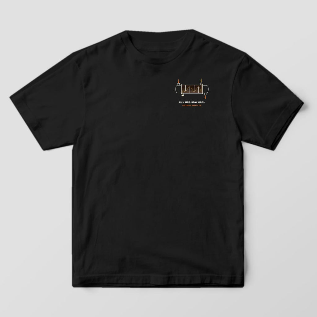Front of a black Comfort Colors 1717 tee with a small heat exchanger cutaway on the left chest.
