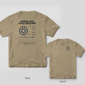 Khaki tee shown back and front: the back has a graphite ball bearing with cream balls and a hatched section view; the front has a small ball bearing on the left chest.