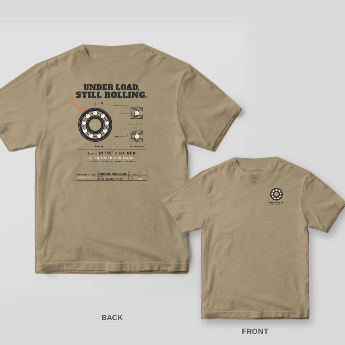 Khaki tee shown back and front: the back has a graphite ball bearing with cream balls and a hatched section view; the front has a small ball bearing on the left chest.
