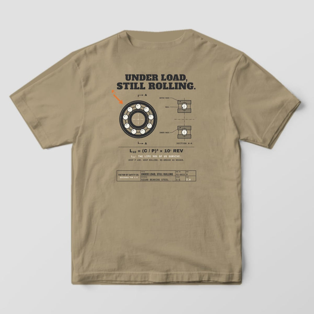 Back of a khaki Comfort Colors 1717 tee with the large Under Load Still Rolling Ball Bearing print: a graphite ball bearing with cream balls and a hatched section view.
