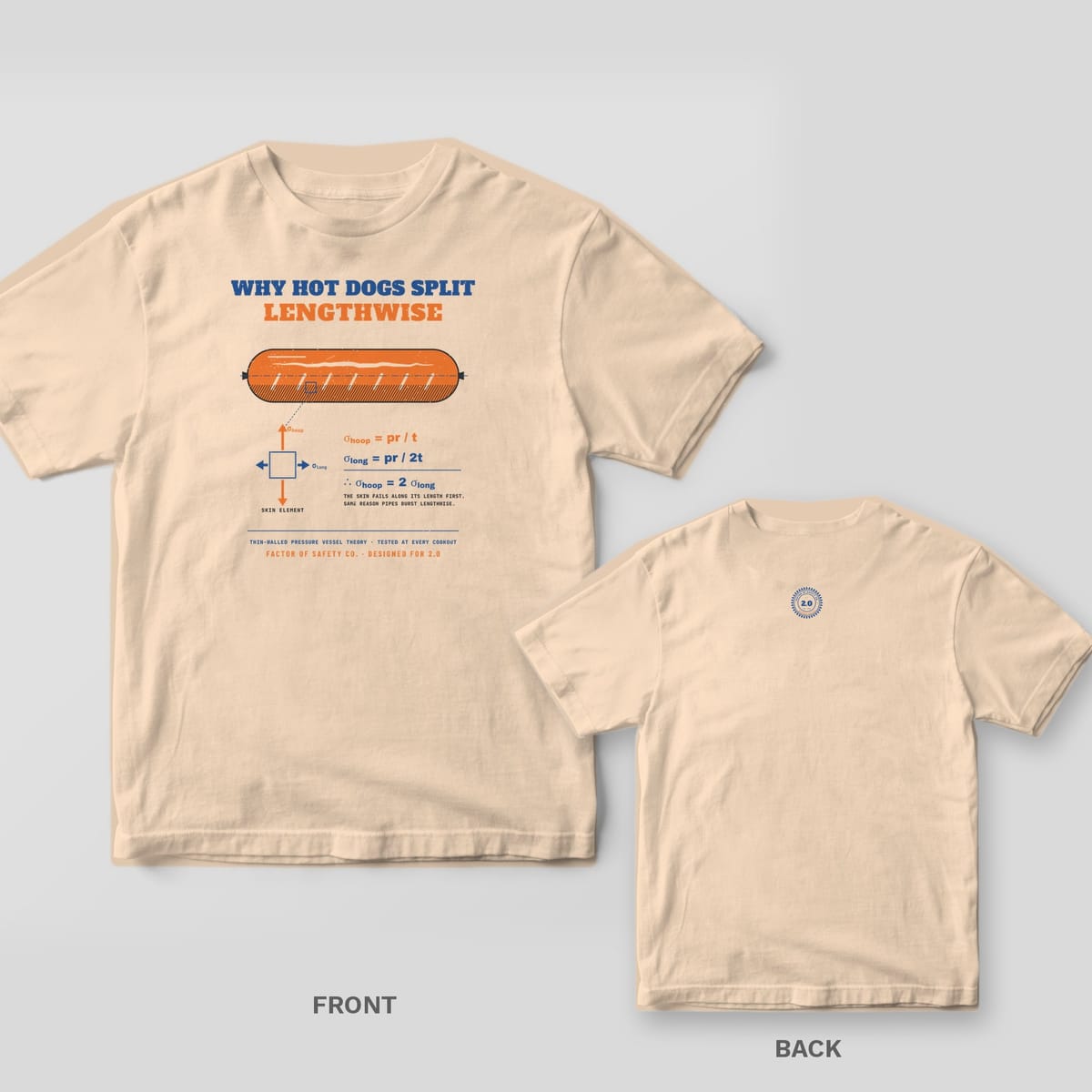 Ivory tee shown front and back: the front has an orange grilled hot dog split lengthwise with a stress element and hoop stress equations; the back has a small round gear seal neck print.