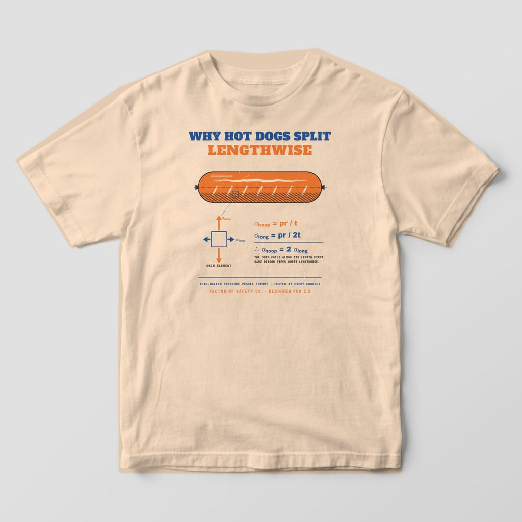 Front of an ivory Comfort Colors 1717 tee with the full-front Why Hot Dogs Split Lengthwise print.