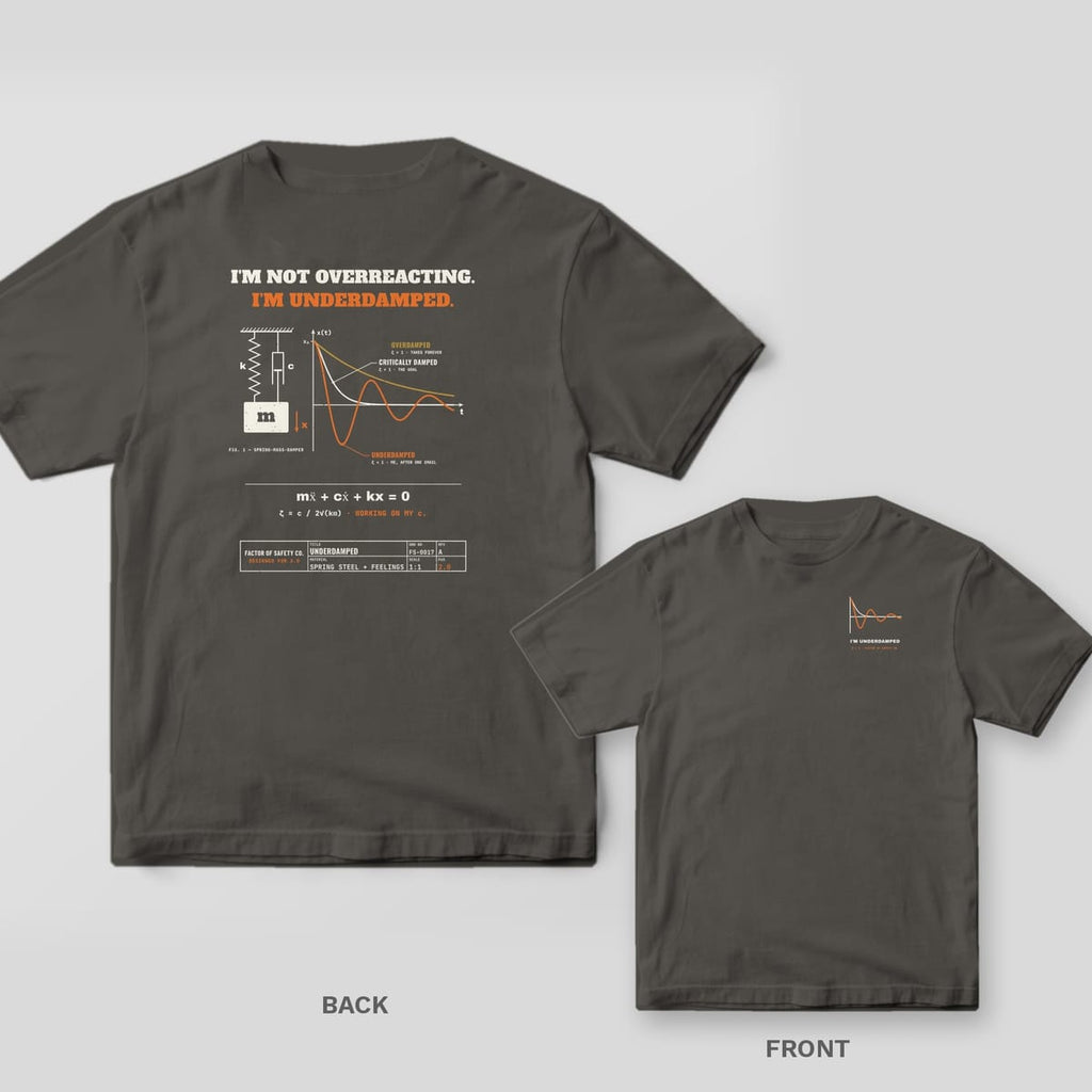 Pepper tee shown back and front: the back has a spring-mass-damper and an orange underdamped response curve; the front has a small underdamped response curve on the left chest.