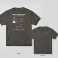 Pepper tee shown back and front: the back has a spring-mass-damper and an orange underdamped response curve; the front has a small underdamped response curve on the left chest.