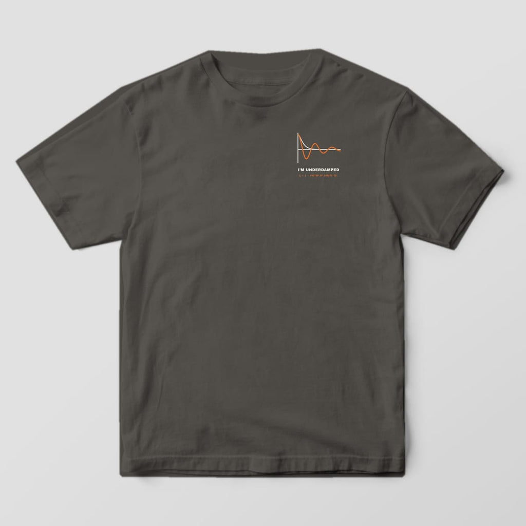 Front of a pepper Comfort Colors 1717 tee with a small underdamped response curve on the left chest.