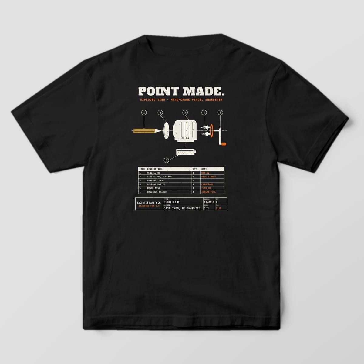 Back of a black Comfort Colors 1717 tee with the large Point Made Exploded View print: an exploded pencil sharpener with numbered balloons over a parts list.