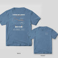 Blue Jean tee shown back and front: the back has an orange steel S-N curve with an endurance limit and a dashed aluminum curve; the front has a small S-N curve on the left chest.