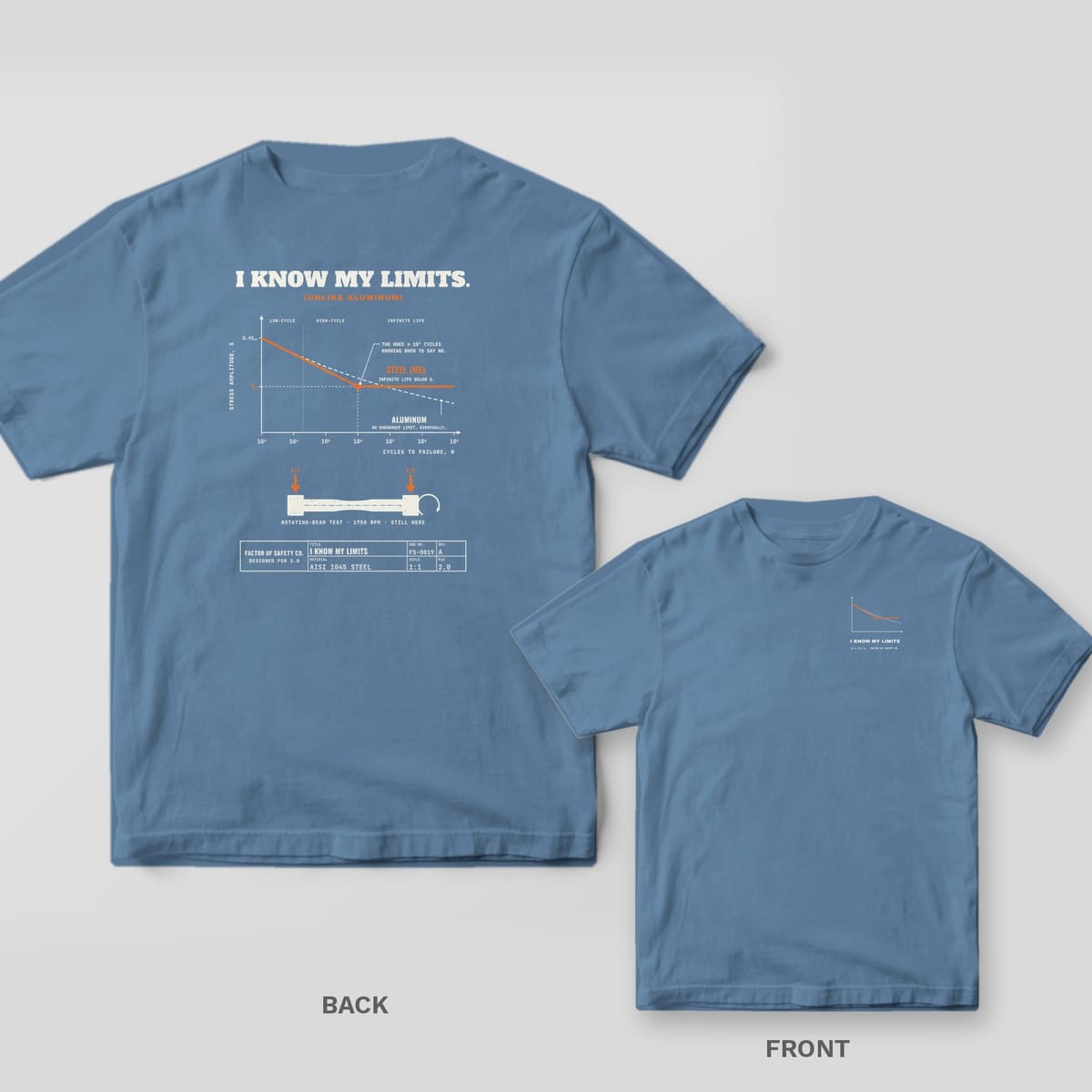 Blue Jean tee shown back and front: the back has an orange steel S-N curve with an endurance limit and a dashed aluminum curve; the front has a small S-N curve on the left chest.