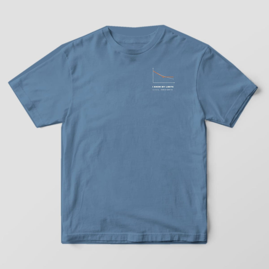 Front of a blue jean Comfort Colors 1717 tee with a small S-N curve on the left chest.