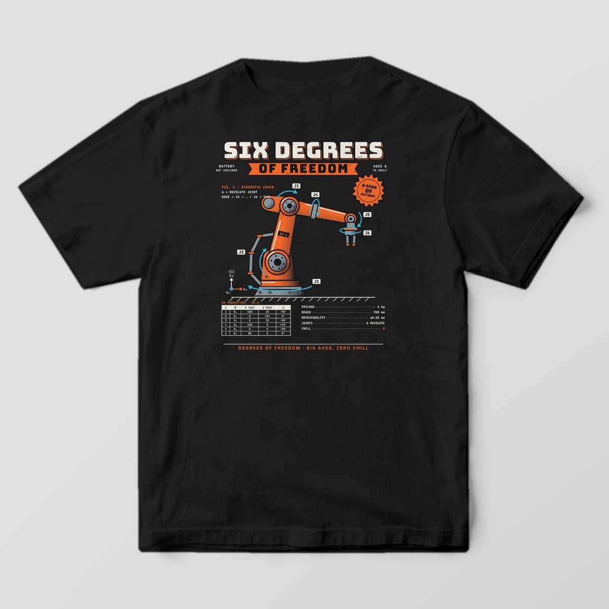Back of a black Comfort Colors 1717 tee with an orange robot arm, cyan joint arrows, a DH table and Six Degrees of Freedom lettering.