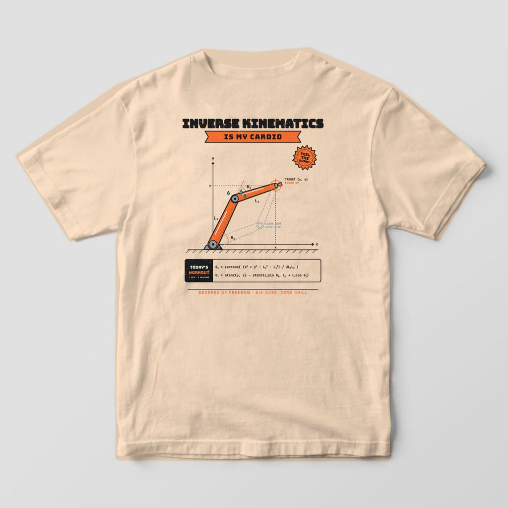 Back of an ivory Comfort Colors 1717 tee with a black and orange two-link robot arm diagram, IK equations and a Feel the Burn starburst.