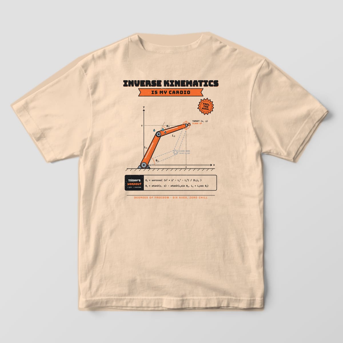 Back of an ivory Comfort Colors 1717 tee with a black and orange two-link robot arm diagram, IK equations and a Feel the Burn starburst.