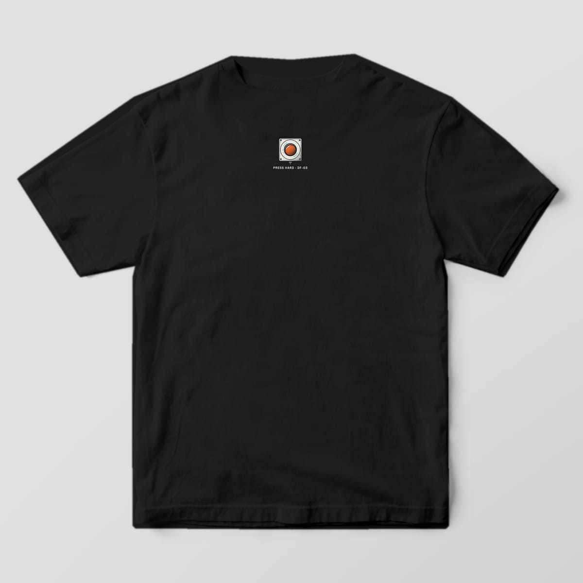 Back of a black Comfort Colors 1717 tee with a small emergency stop icon at the back neck.