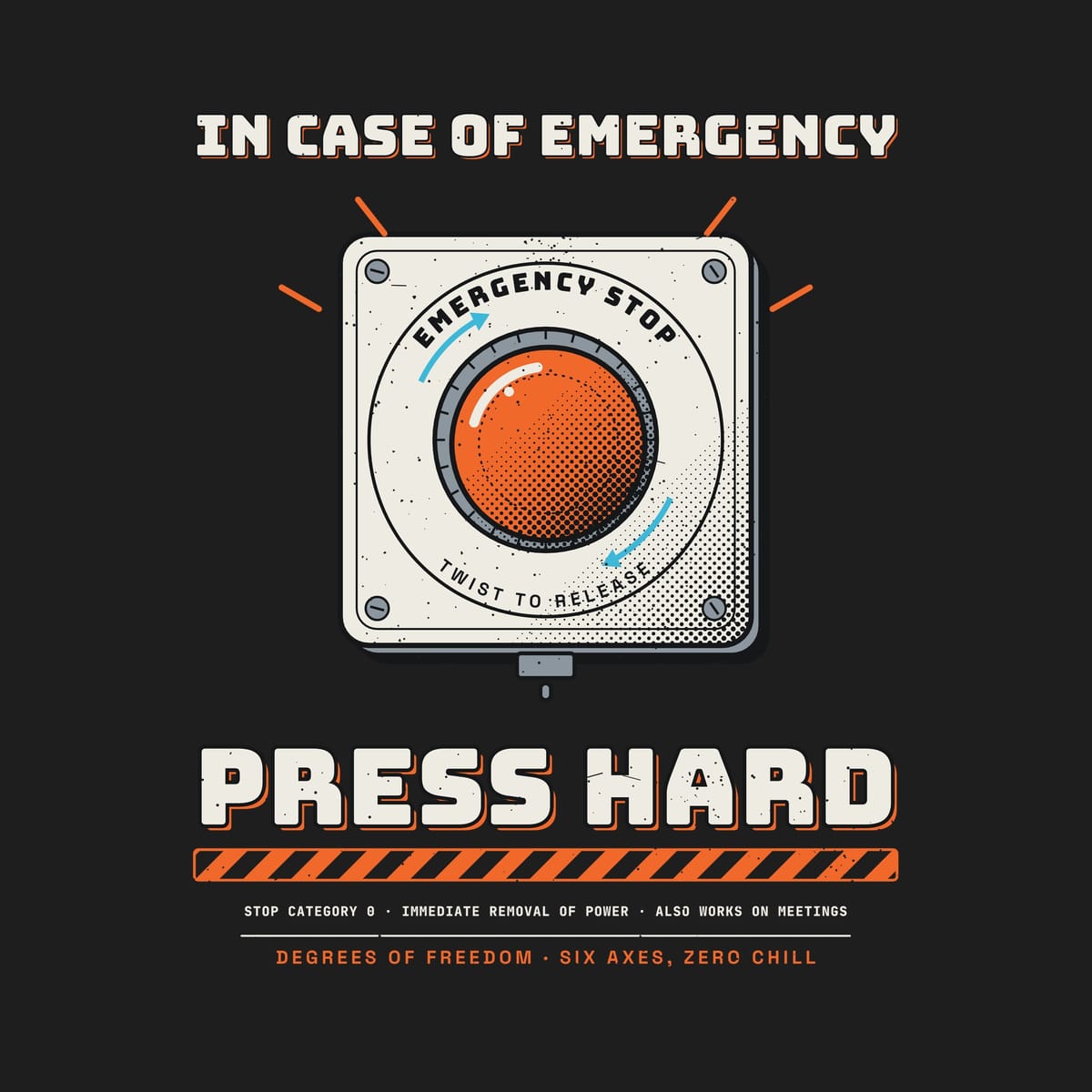 Close-up of the emergency stop artwork showing the halftone mushroom button, Twist to Release arrows, housing screws and the hazard stripe.