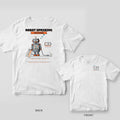 White tee shown back and front: back has a sleeping grey tin robot with a dropped Down With Humans sign under Robot Uprising Postponed; front has a 1% battery icon.