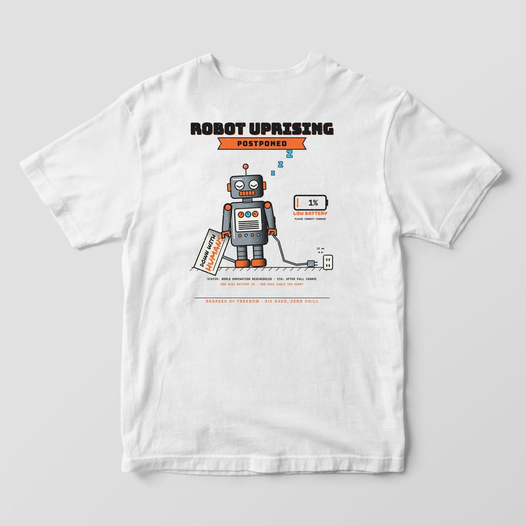 Back of a white Comfort Colors 1717 tee with a sleeping tin robot, a Down With Humans sign and a 1% low battery icon.