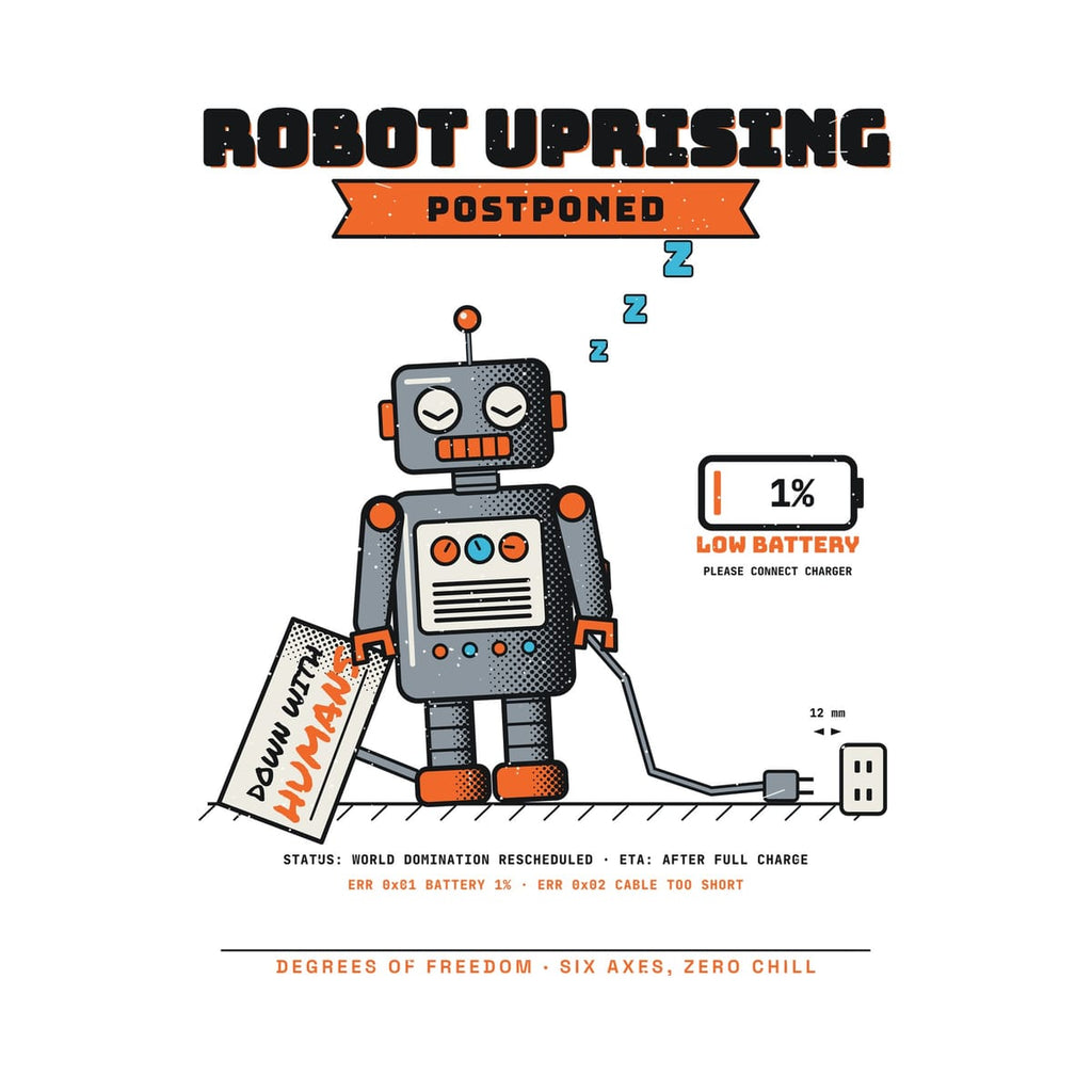 Close-up of the tin robot artwork showing the closed eyes, chest dials, protest sign, the 12 mm cable gap and the low battery icon.