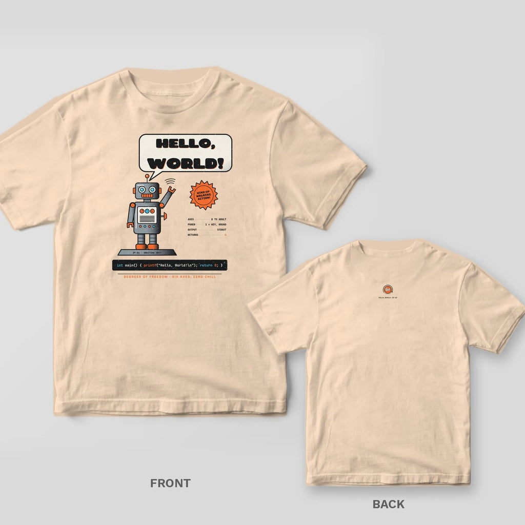Ivory tee shown front and back: front has a waving grey tin robot under a Hello, World! speech bubble with a code line below; back has a small DF monogram at the neck.